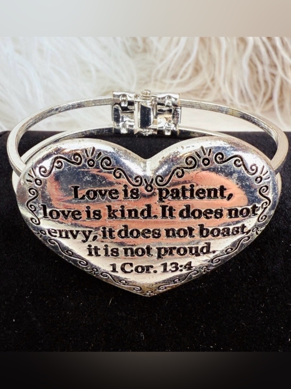 Silvertone Heart Cuff Bracelet with Inspirational Quote